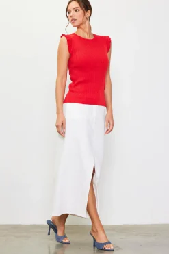 SKIES ARE BLUE Sleeveless Tops*Ruffle Sleeve Knit Top Poppyred