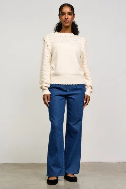 SKIES ARE BLUE Sweaters*Ruffled Sleeve Pointelle Sweater Cream