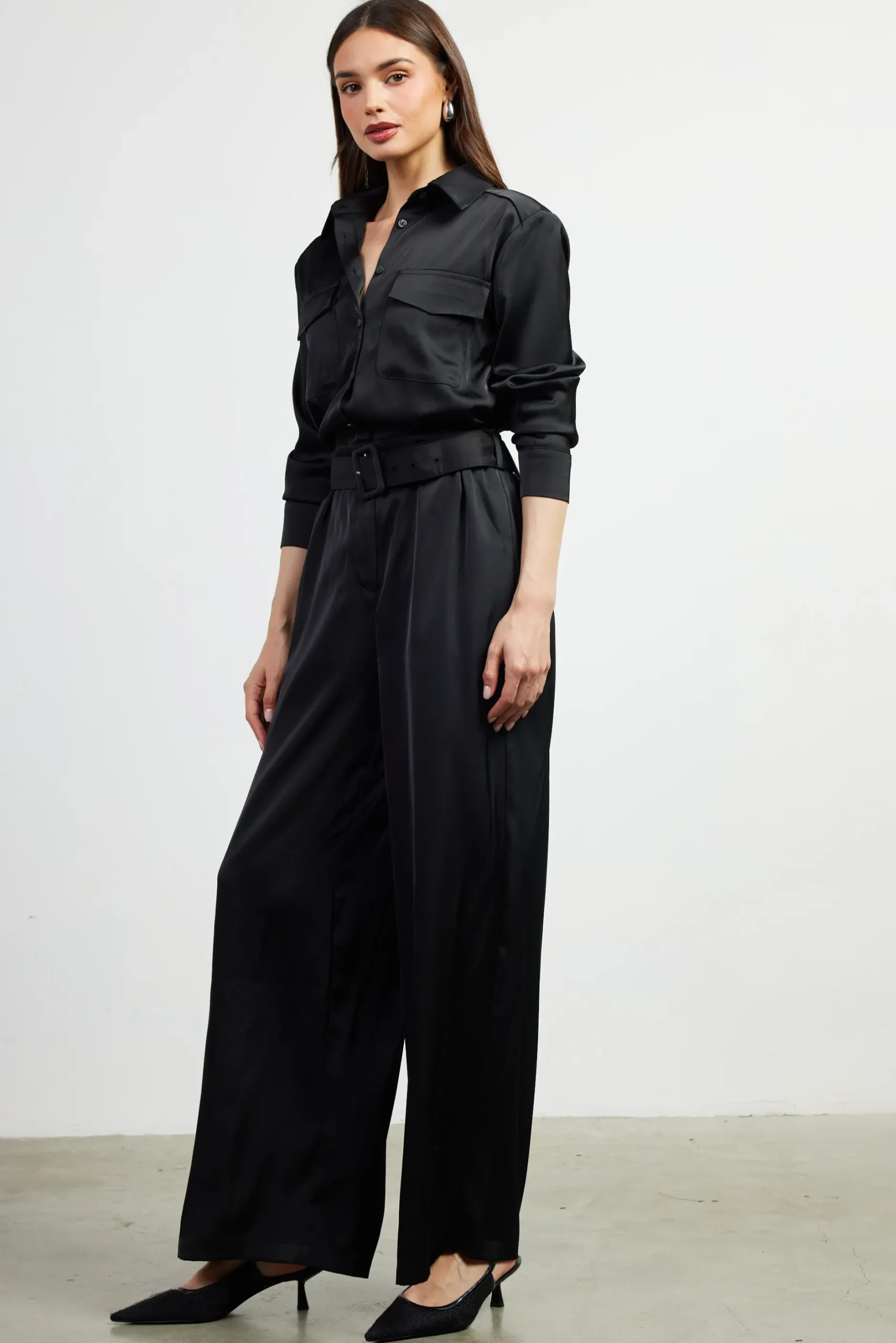 SKIES ARE BLUE Jumpsuits*Satin Button Down Belted Jumpsuit Black