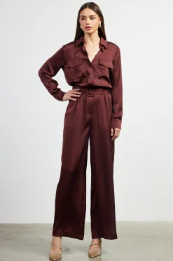 SKIES ARE BLUE Jumpsuits*Satin Button Down Belted Jumpsuit Chocolate