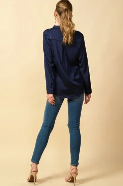 SKIES ARE BLUE Blouses*Satin Button Down Shirt Navy