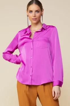SKIES ARE BLUE Long Sleeve Tops*Satin Button Down Shirt Orchid