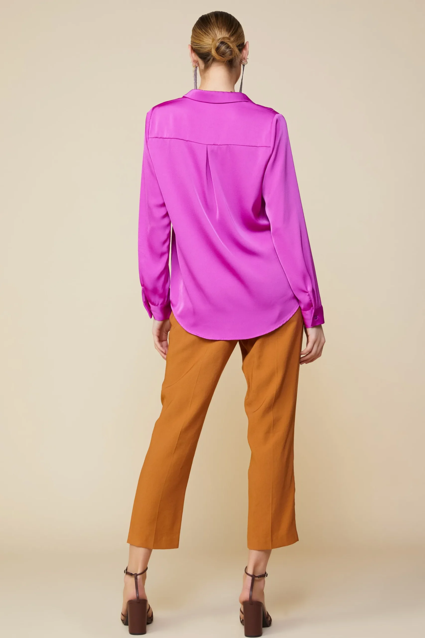 SKIES ARE BLUE Long Sleeve Tops*Satin Button Down Shirt Orchid