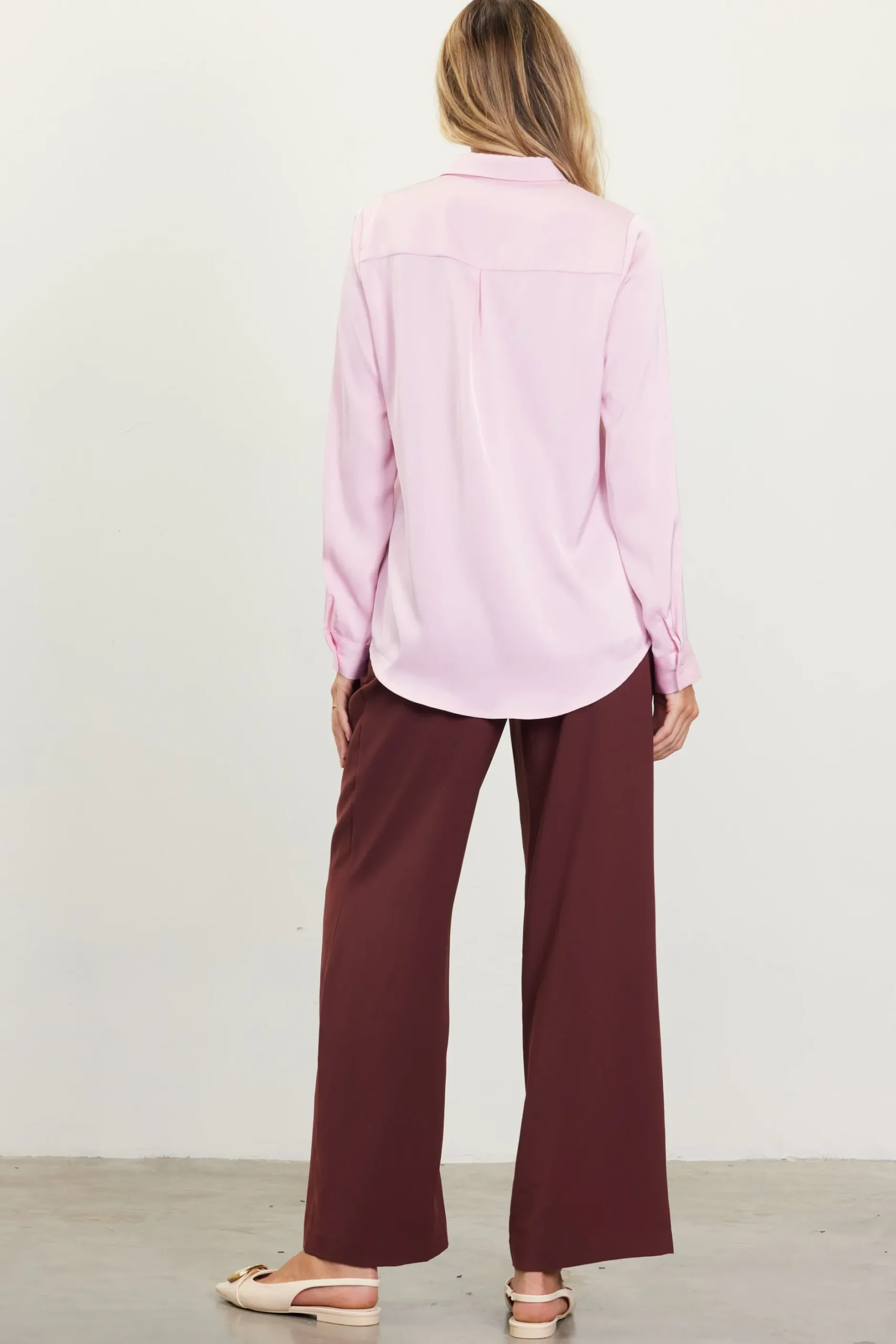 SKIES ARE BLUE Blouses|Long Sleeve Tops*Satin Button Down Top Petalpink