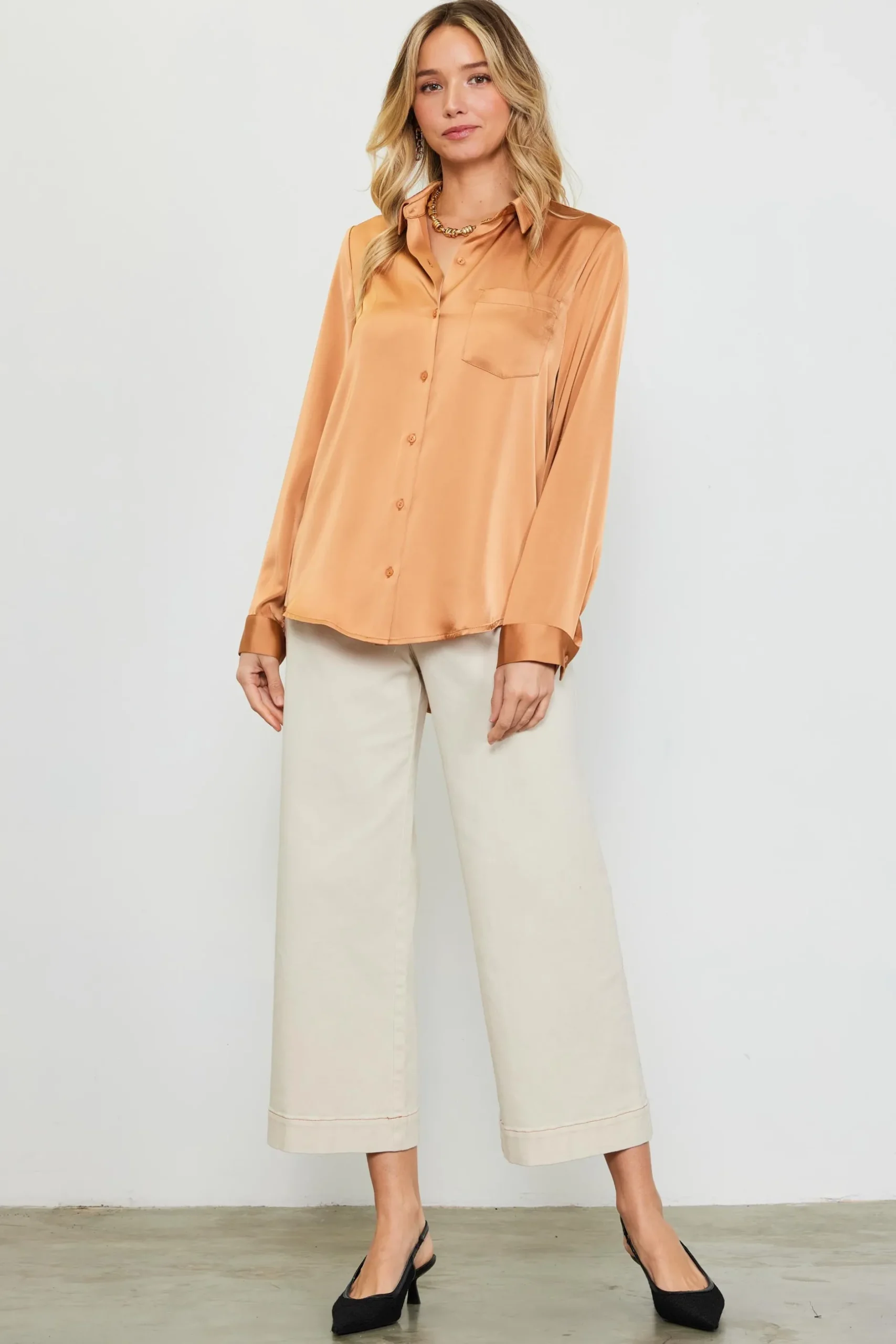 SKIES ARE BLUE Blouses|Long Sleeve Tops*Satin Button Down Top Gingerbrown