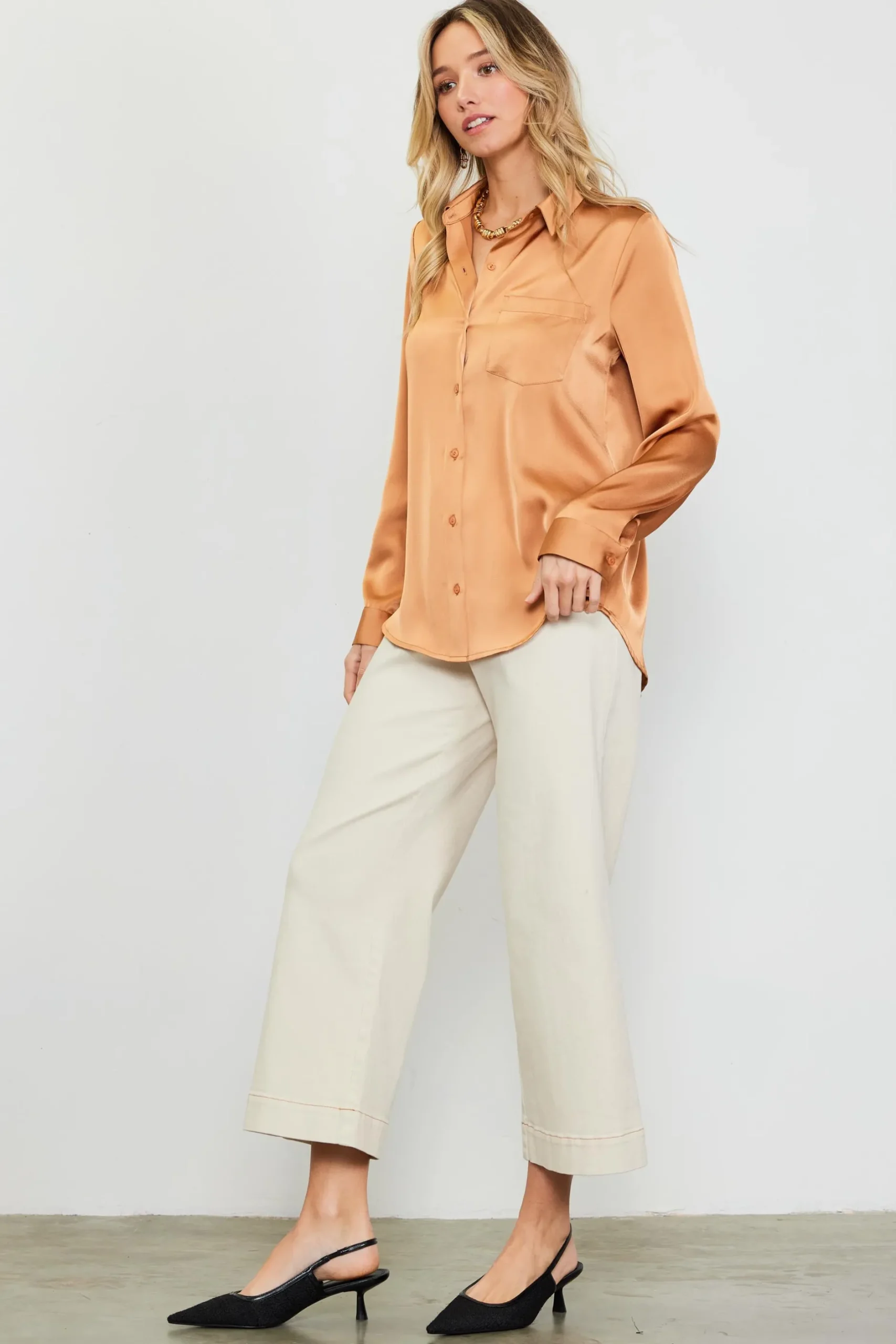 SKIES ARE BLUE Blouses|Long Sleeve Tops*Satin Button Down Top Gingerbrown