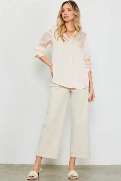 SKIES ARE BLUE Blouses*Satin Button Down Top Oatmilk