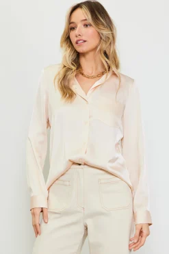 SKIES ARE BLUE Blouses*Satin Button Down Top Oatmilk