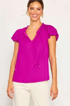 SKIES ARE BLUE Short Sleeve Tops*Satin Ruffled Detail Top Orchid