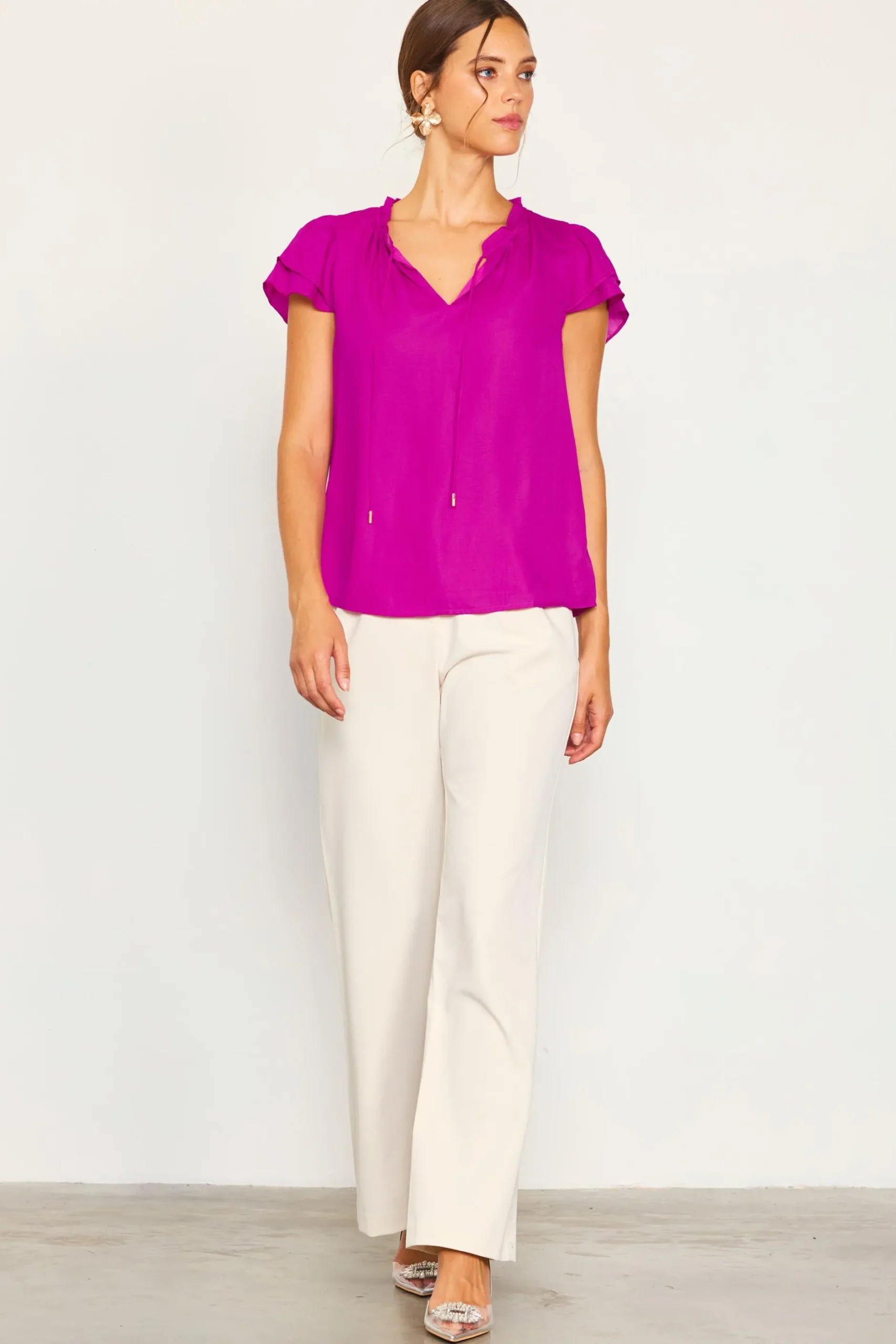 SKIES ARE BLUE Short Sleeve Tops*Satin Ruffled Detail Top Orchid