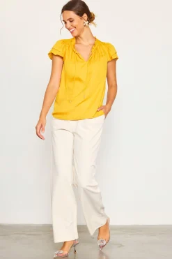 SKIES ARE BLUE Short Sleeve Tops*Satin Ruffled Detail Top Marigold