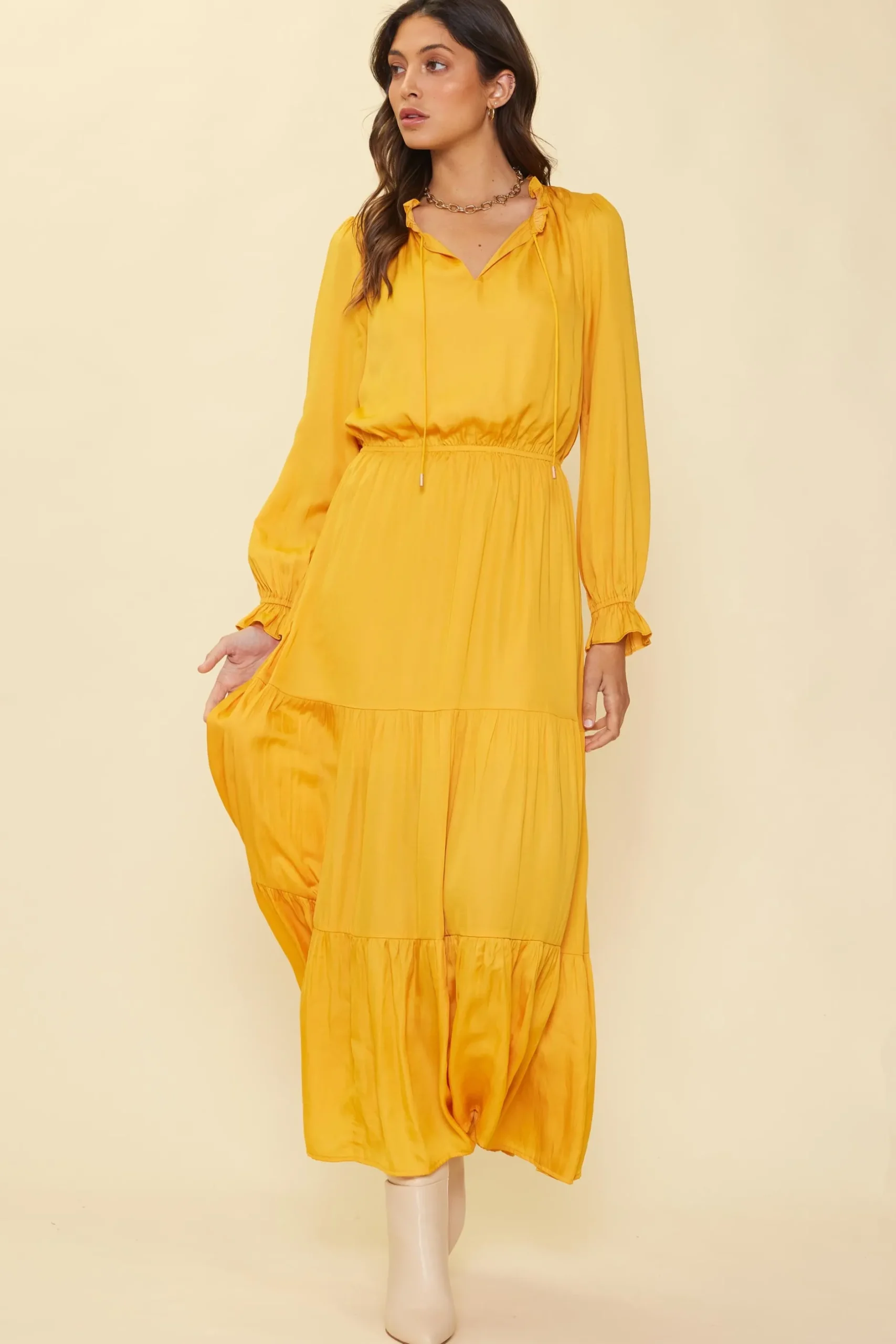 SKIES ARE BLUE Maxi Dresses*Satin Ruffled Maxi Dress Marigold