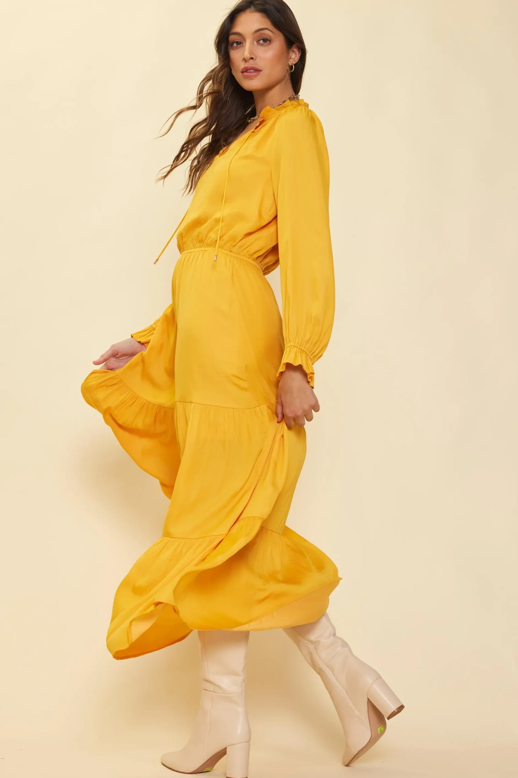 SKIES ARE BLUE Maxi Dresses*Satin Ruffled Maxi Dress Marigold