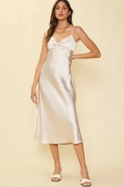 SKIES ARE BLUE Midi Dresses*Satin Tie Front Slip Dress Champagne