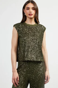SKIES ARE BLUE Sleeveless Tops*Sequin Bubble Muscle Tank Olive