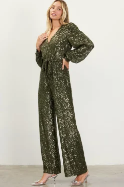 SKIES ARE BLUE Jumpsuits*Sequin Wrap Jumpsuit Olive