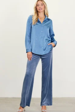 SKIES ARE BLUE Long Sleeve Tops*Shimmery Button Down Blouse Dustyblue