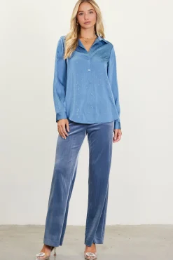 SKIES ARE BLUE Long Sleeve Tops*Shimmery Button Down Blouse Dustyblue