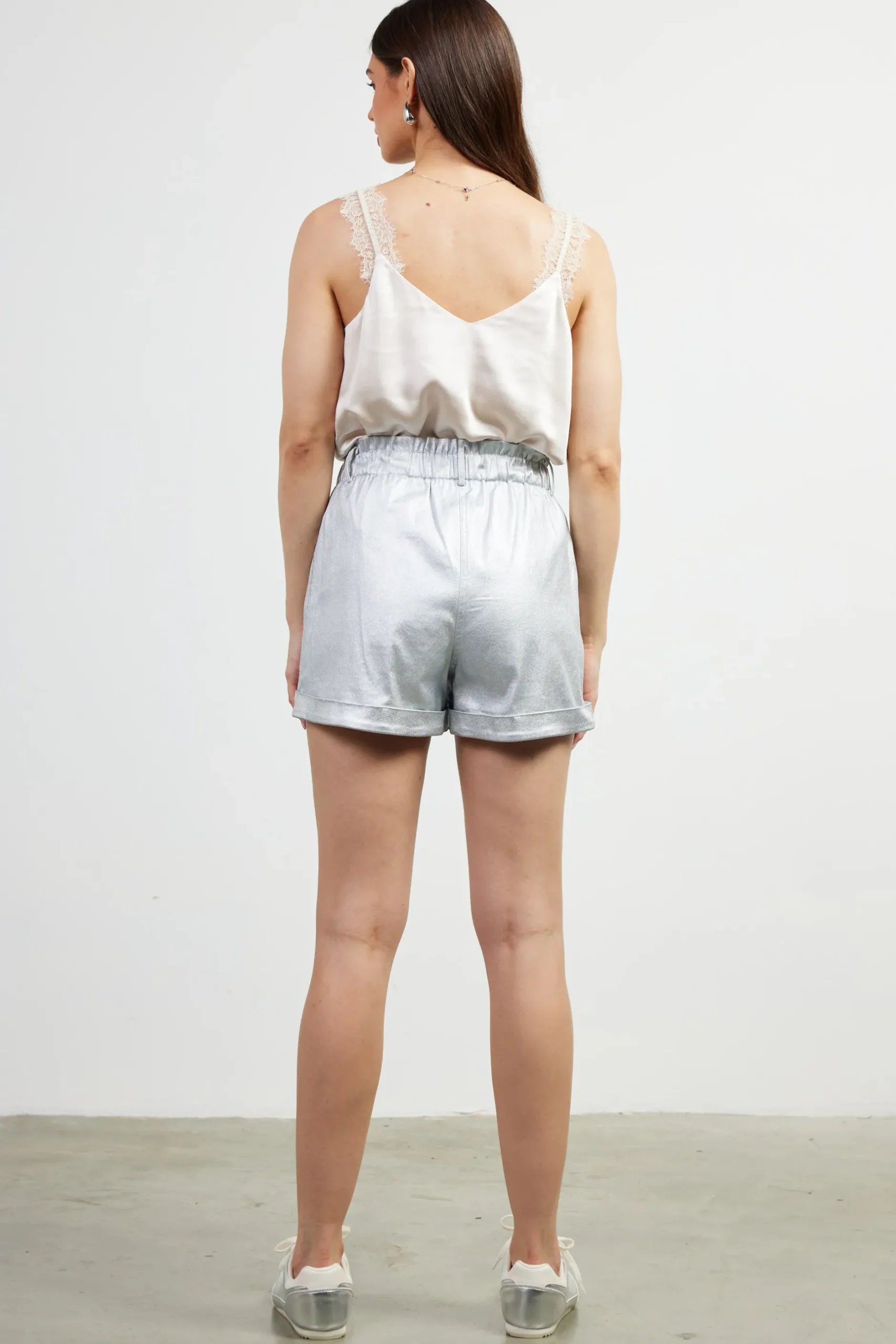 SKIES ARE BLUE Shorts*Shimmery Paperbag Shorts Silver