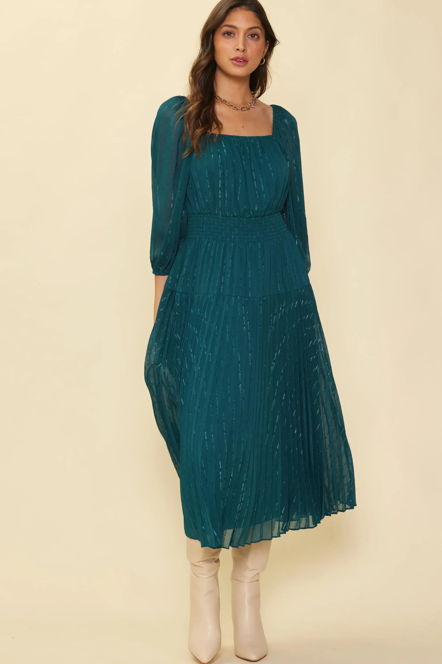 SKIES ARE BLUE Midi Dresses*Shimmery Pleated Midi Dress Gemstonegreen