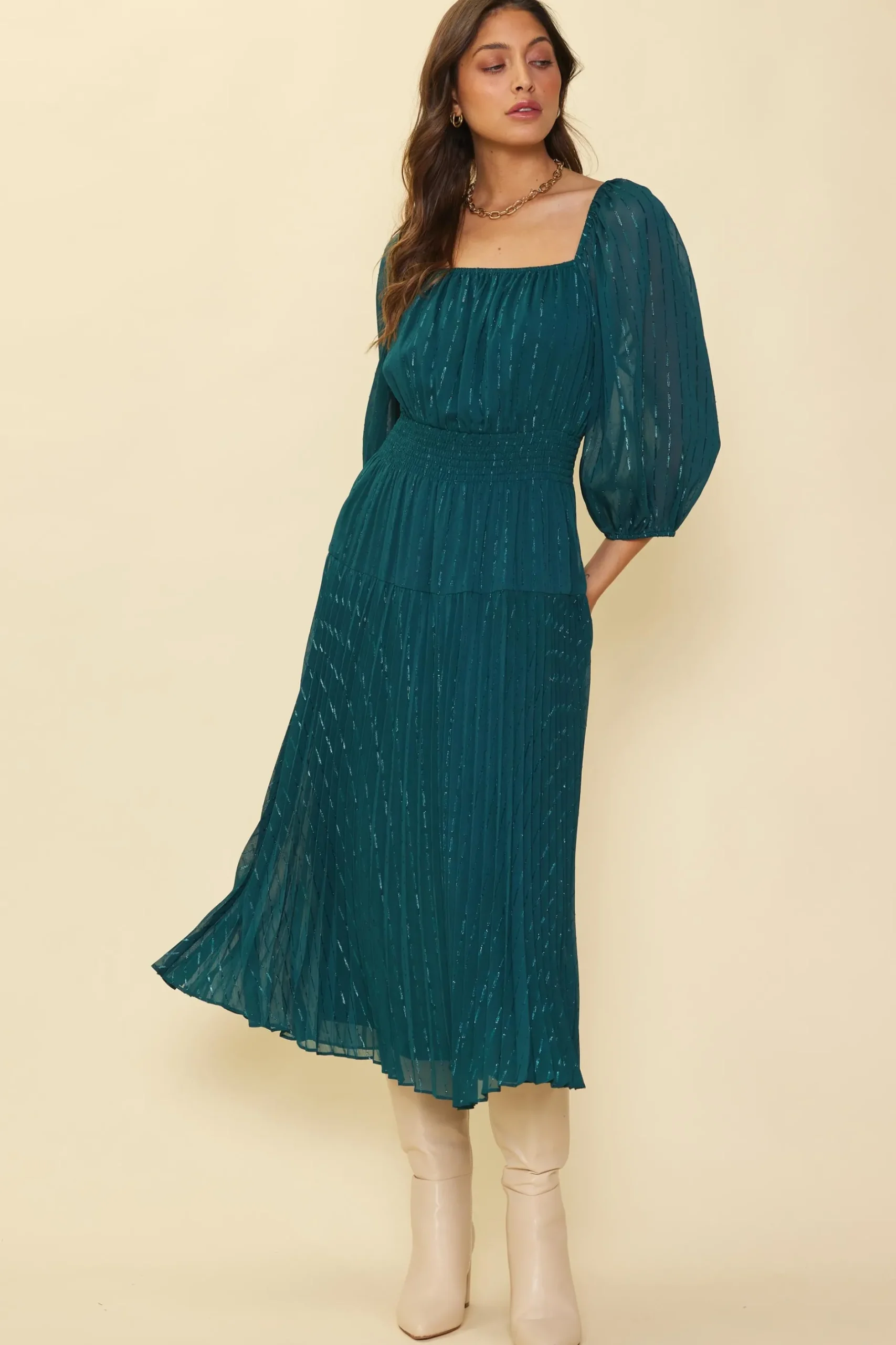 SKIES ARE BLUE Midi Dresses*Shimmery Pleated Midi Dress Gemstonegreen