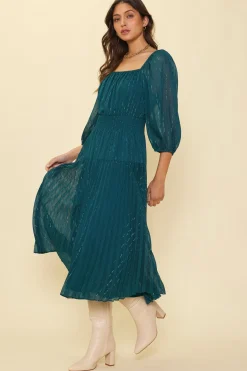 SKIES ARE BLUE Midi Dresses*Shimmery Pleated Midi Dress Gemstonegreen