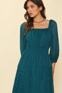 SKIES ARE BLUE Midi Dresses*Shimmery Pleated Midi Dress Gemstonegreen