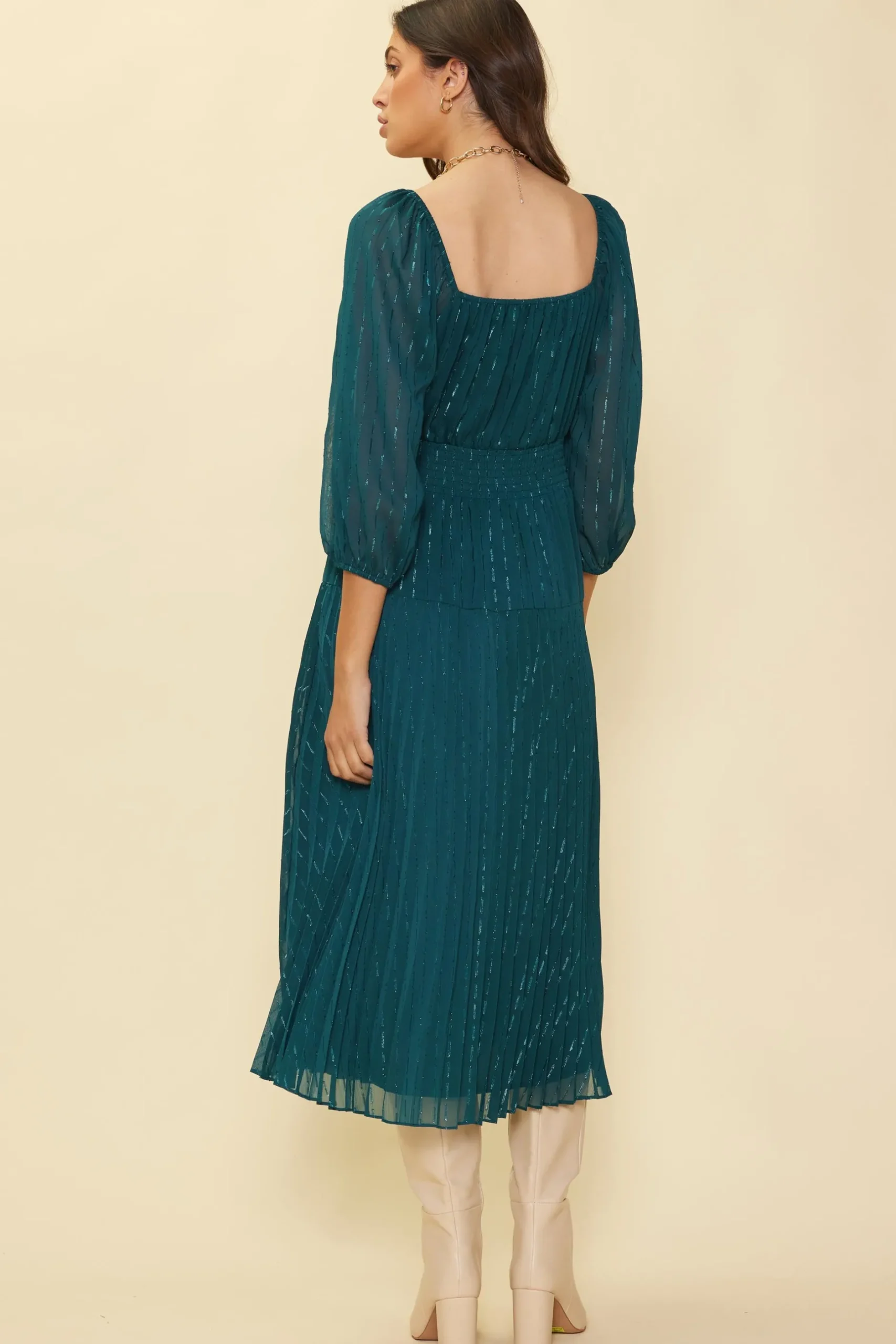 SKIES ARE BLUE Midi Dresses*Shimmery Pleated Midi Dress Gemstonegreen