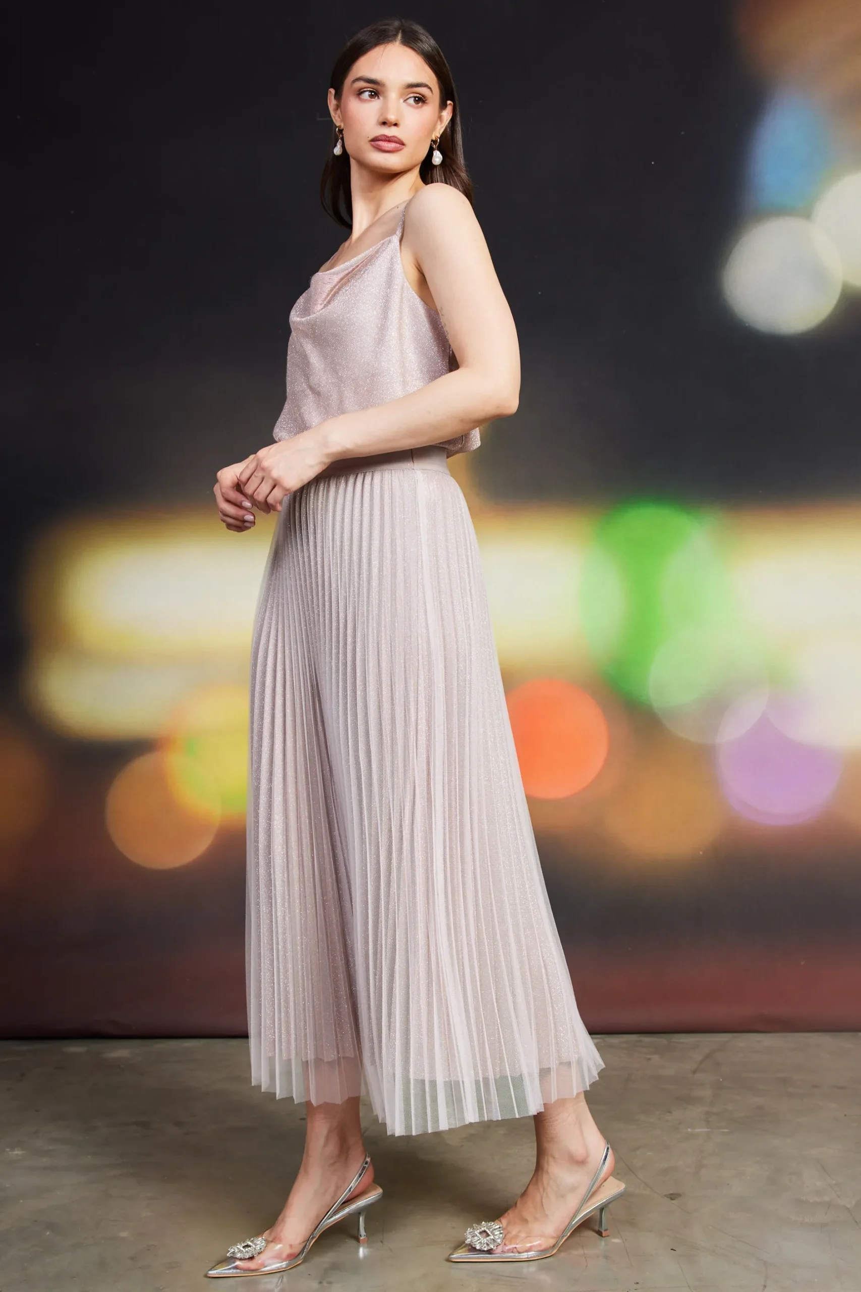 SKIES ARE BLUE Skirts*Shimmery Pleated Midi Skirt Blush