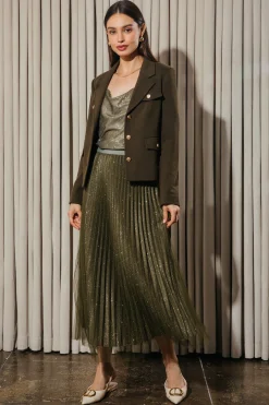 SKIES ARE BLUE Skirts*Shimmery Pleated Midi Skirt Olive