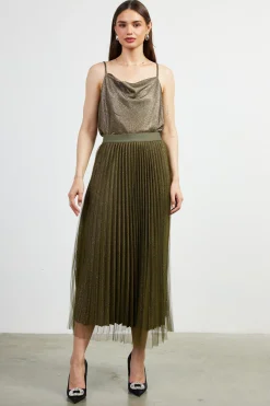 SKIES ARE BLUE Skirts*Shimmery Pleated Midi Skirt Olive