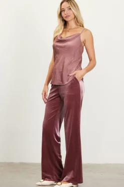 SKIES ARE BLUE Sleeveless Tops*Shimmery Satin Cowl Neck Cami Mauve