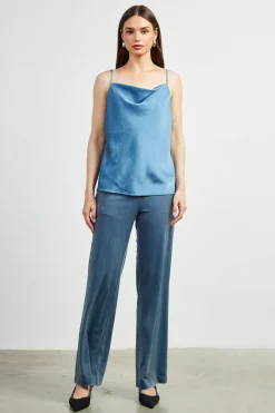 SKIES ARE BLUE Sleeveless Tops*Shimmery Satin Cowl Neck Cami Dustyblue