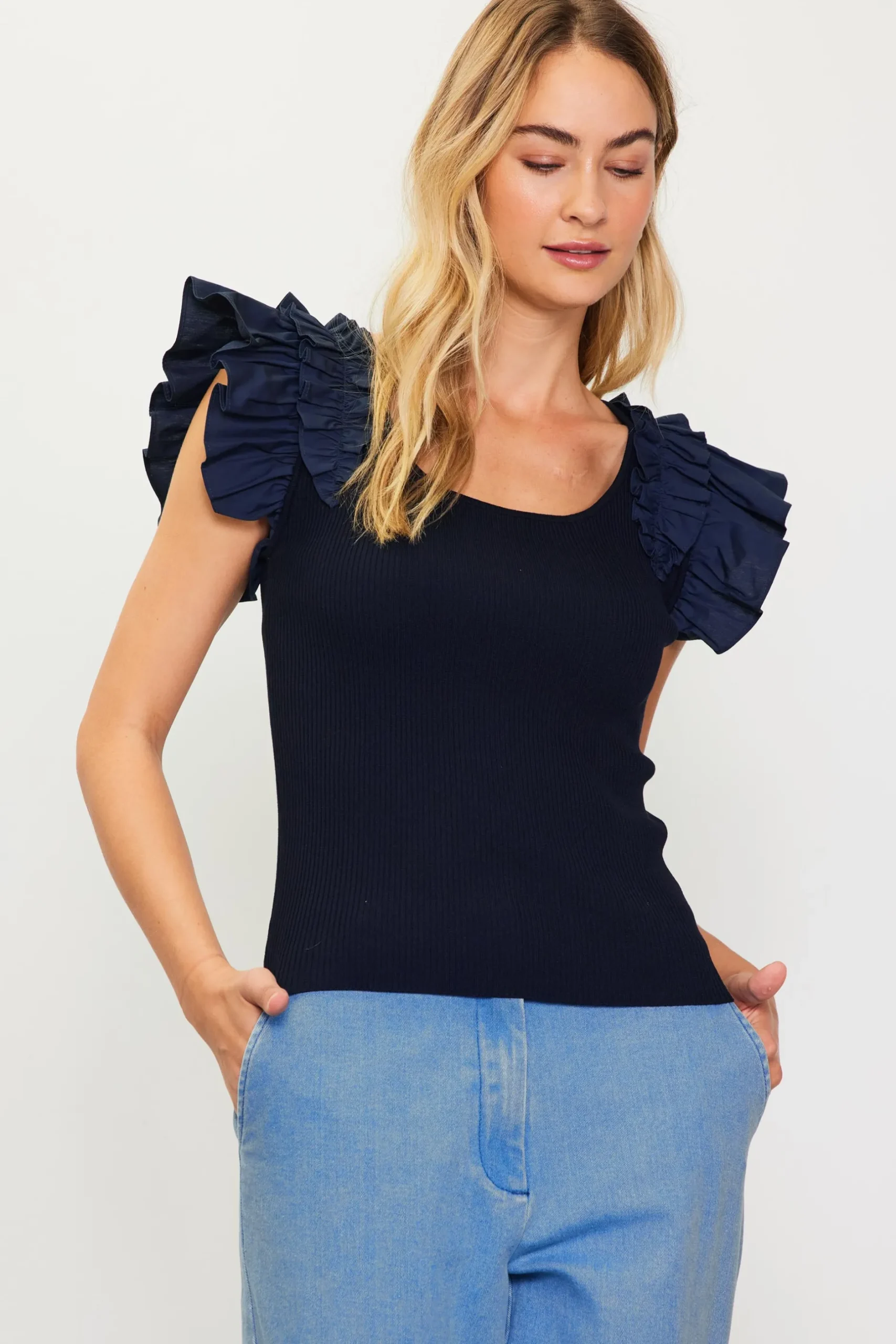 SKIES ARE BLUE Sleeveless Tops*Shirred Ruffle Sleeve Ribbed Sweater Navy