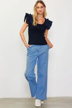 SKIES ARE BLUE Sleeveless Tops*Shirred Ruffle Sleeve Ribbed Sweater Navy