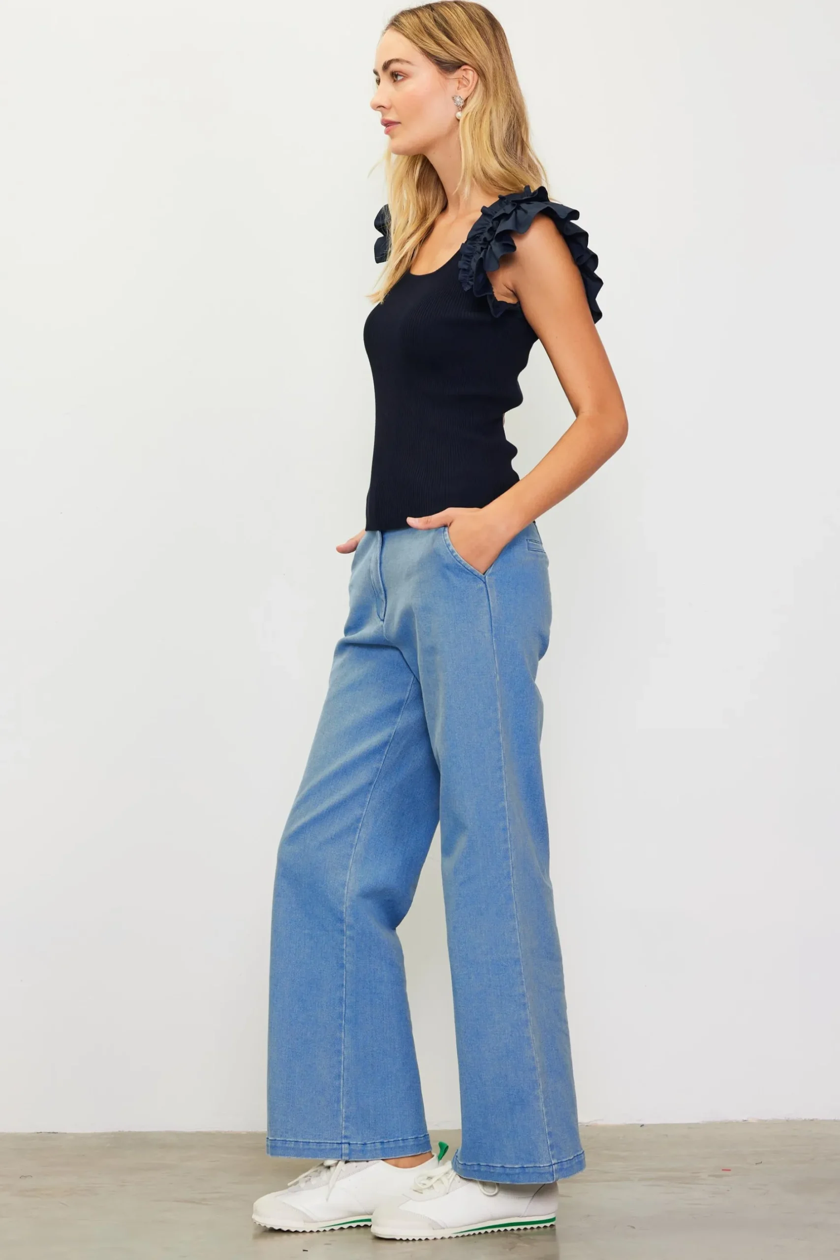 SKIES ARE BLUE Sleeveless Tops*Shirred Ruffle Sleeve Ribbed Sweater Navy