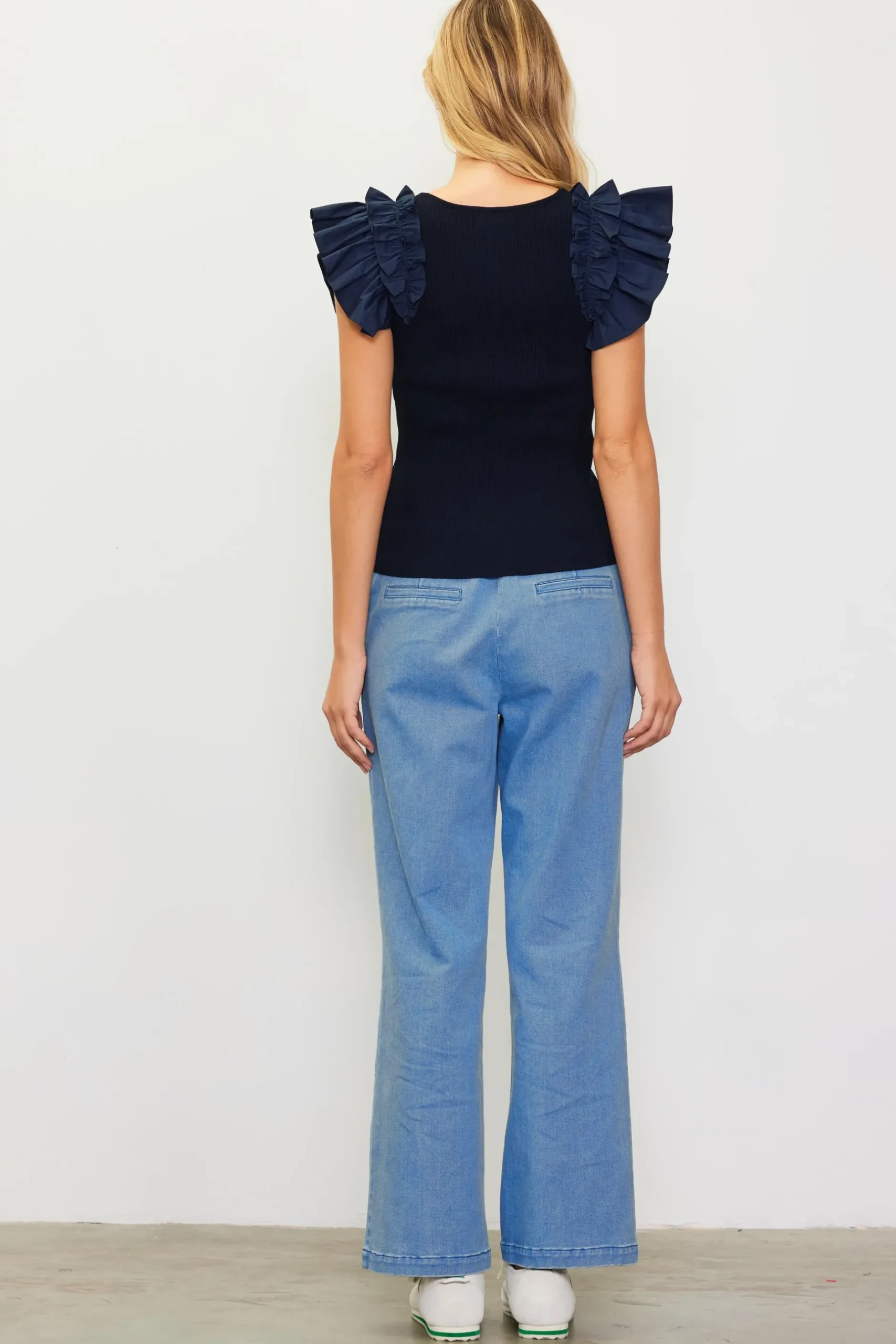 SKIES ARE BLUE Sleeveless Tops*Shirred Ruffle Sleeve Ribbed Sweater Navy