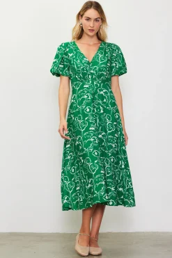SKIES ARE BLUE Midi Dresses*Shirred Shoulder Print Midi Dress Green