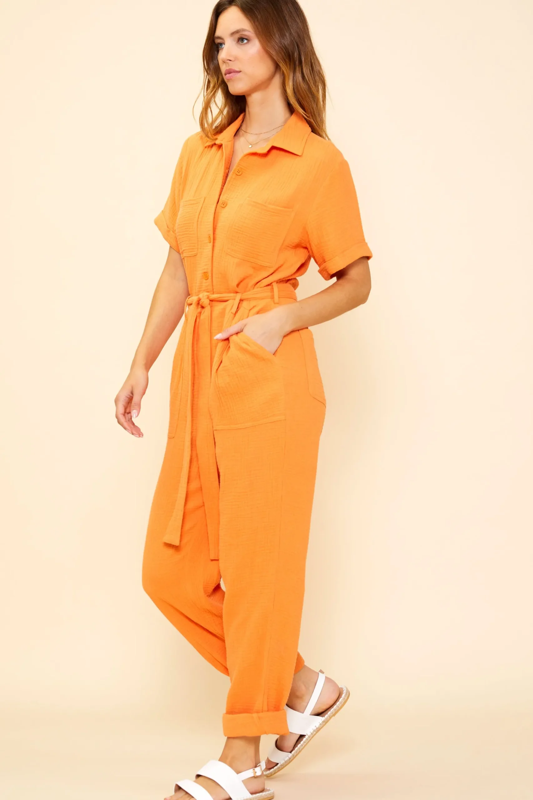 SKIES ARE BLUE Jumpsuits*Short Sleeve Gauze Jumpsuit Sunkissedorange