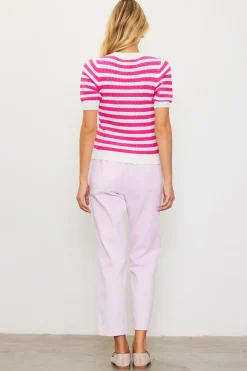 SKIES ARE BLUE Short Sleeve Tops|Sweaters*Short Sleeve Knit Stripe Sweater White-pink