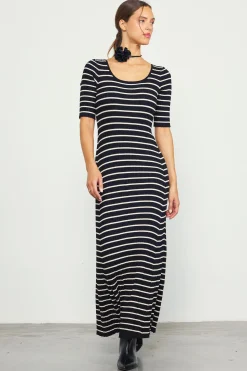 SKIES ARE BLUE Maxi Dresses*Short Sleeve Striped Knit Maxi Dress Black-cream