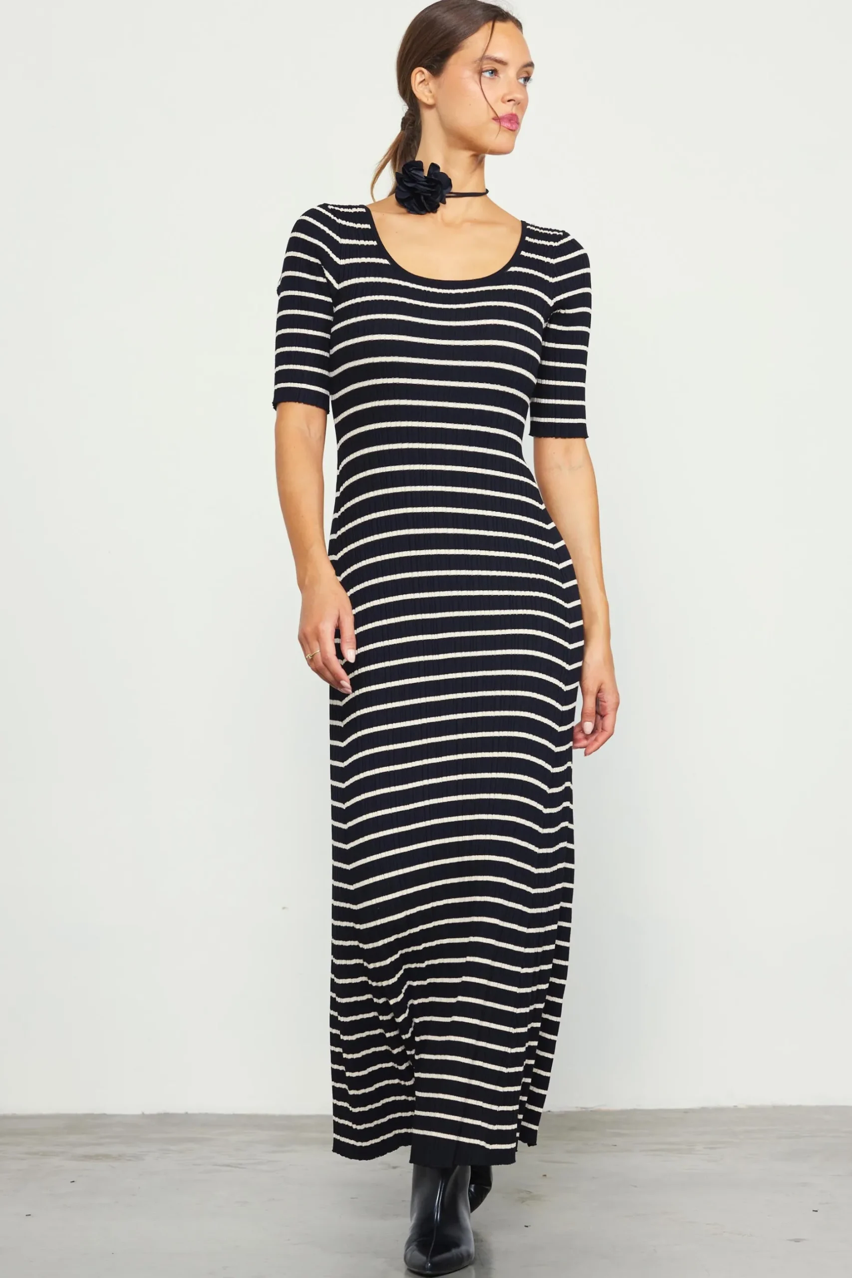 SKIES ARE BLUE Maxi Dresses*Short Sleeve Striped Knit Maxi Dress Black-cream