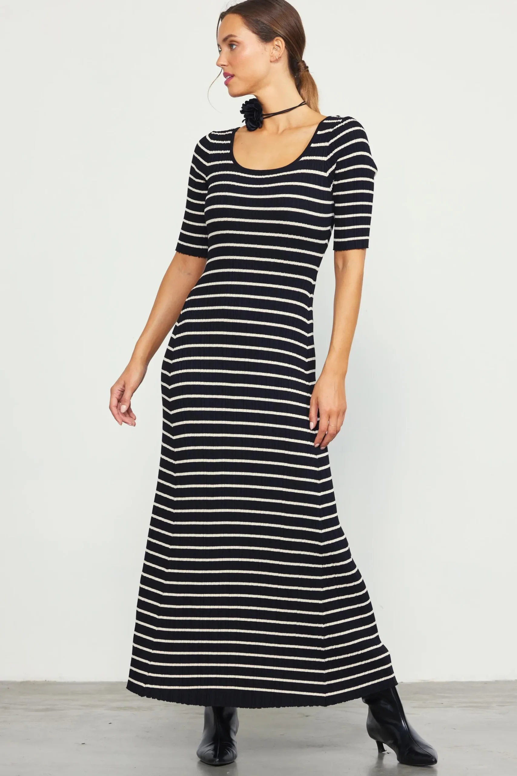 SKIES ARE BLUE Maxi Dresses*Short Sleeve Striped Knit Maxi Dress Black-cream