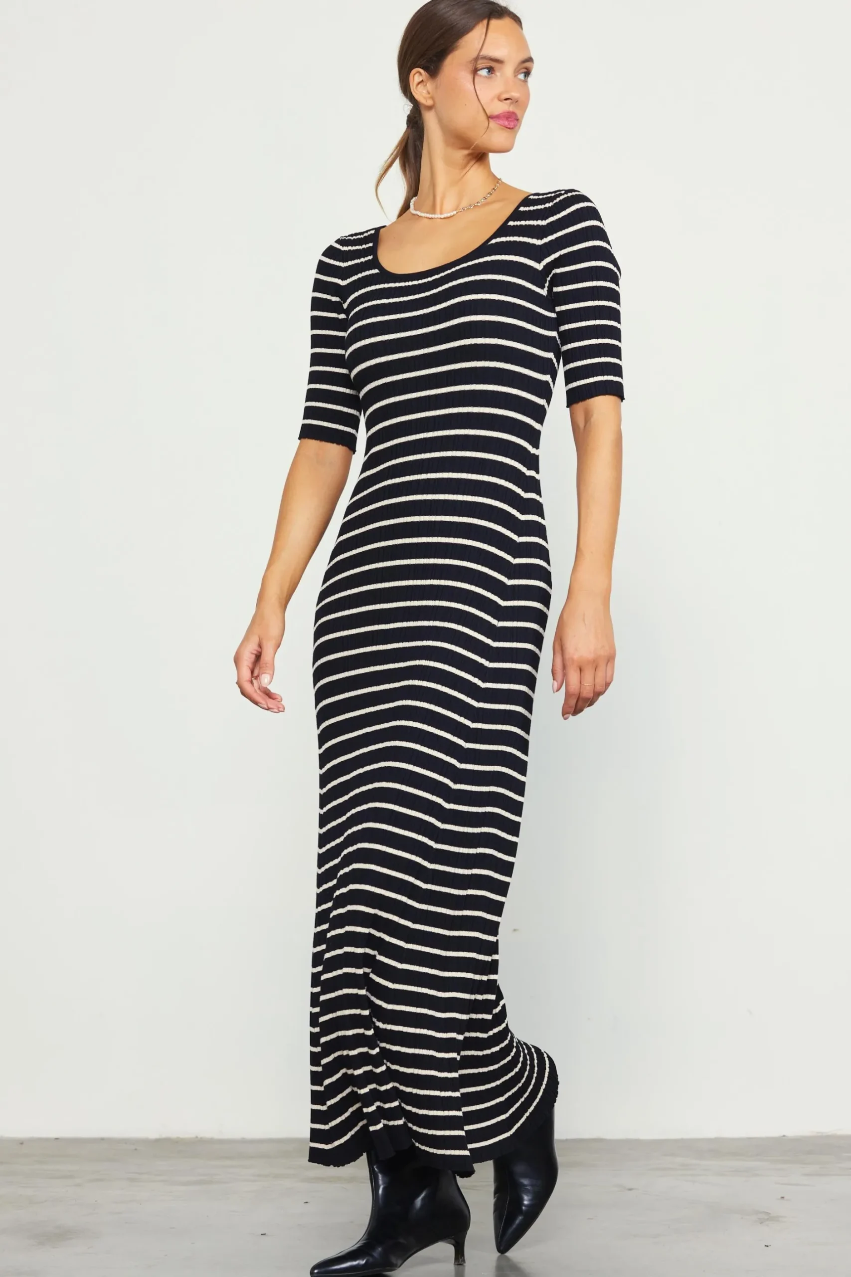SKIES ARE BLUE Maxi Dresses*Short Sleeve Striped Knit Maxi Dress Black-cream