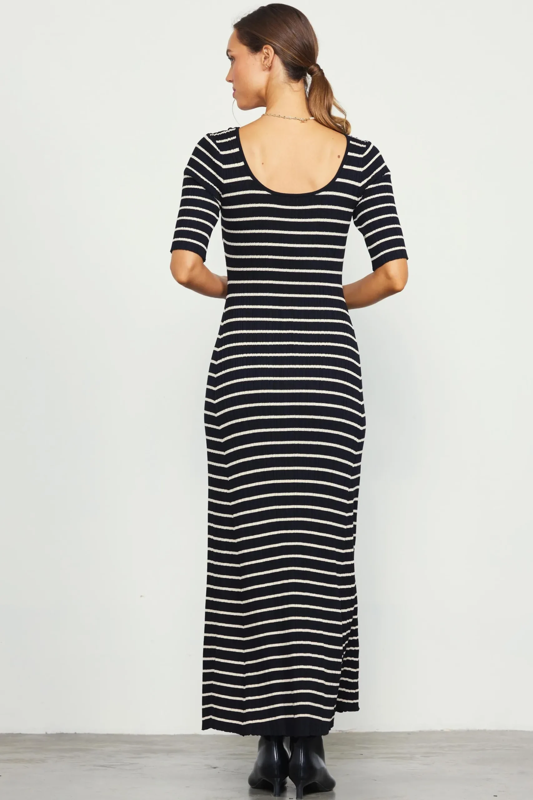 SKIES ARE BLUE Maxi Dresses*Short Sleeve Striped Knit Maxi Dress Black-cream