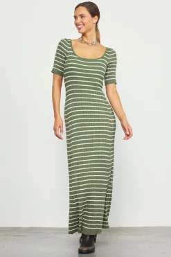 SKIES ARE BLUE Maxi Dresses*Short Sleeve Striped Knit Maxi Dress Olive-cream