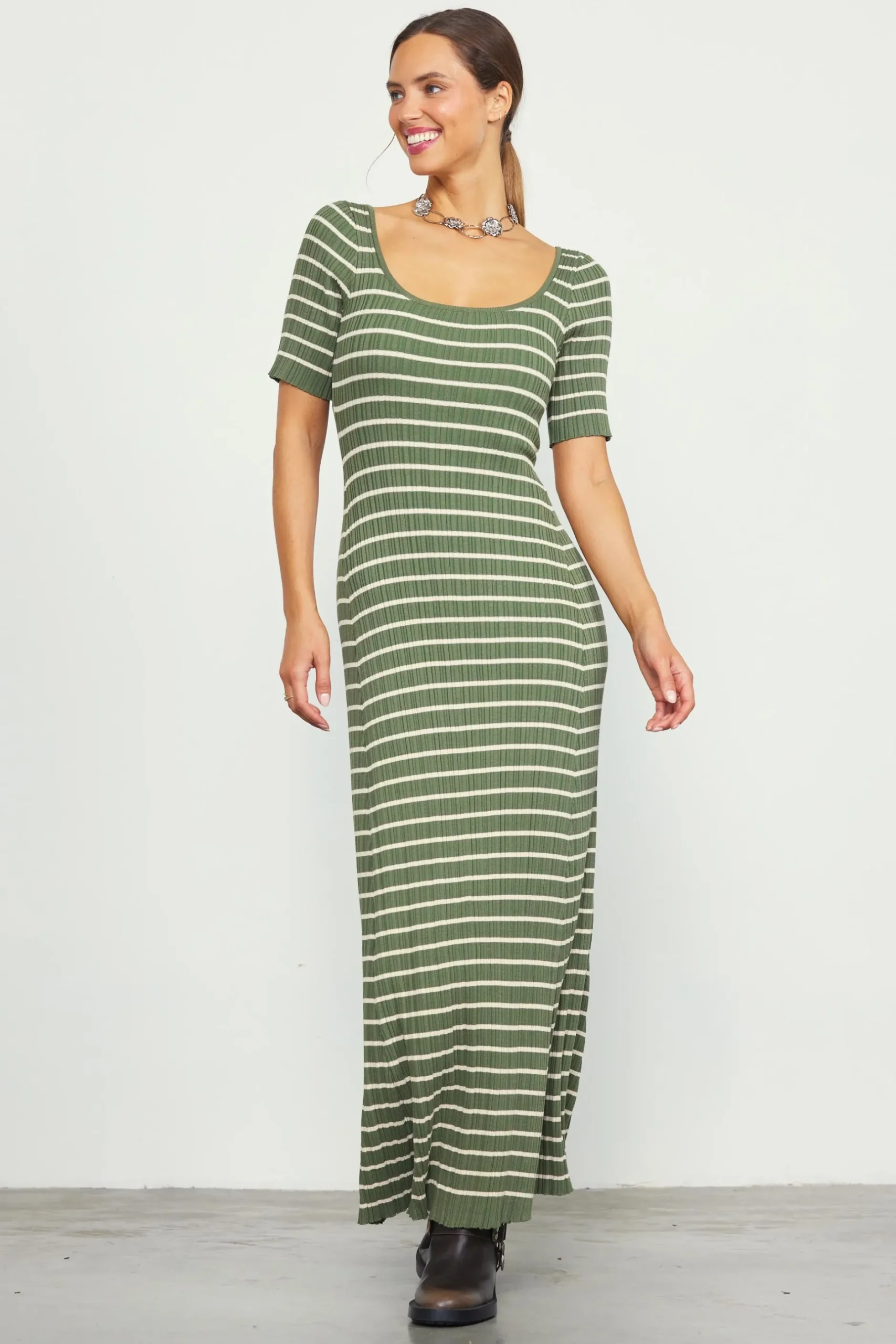 SKIES ARE BLUE Maxi Dresses*Short Sleeve Striped Knit Maxi Dress Olive-cream