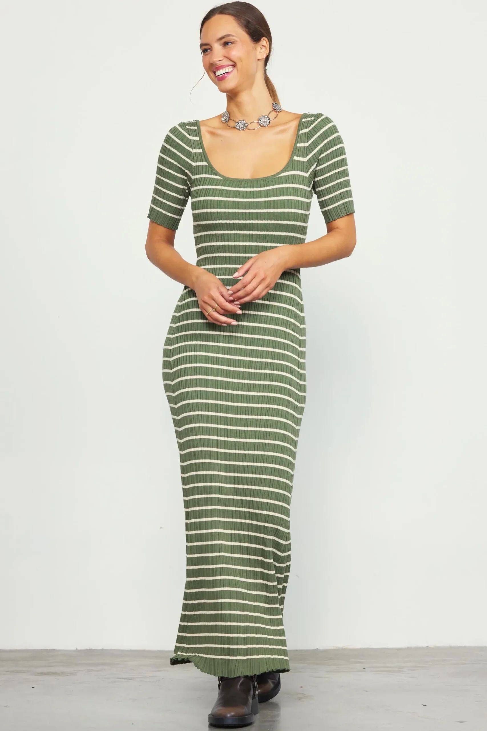 SKIES ARE BLUE Maxi Dresses*Short Sleeve Striped Knit Maxi Dress Olive-cream
