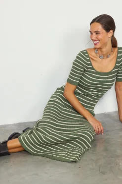 SKIES ARE BLUE Maxi Dresses*Short Sleeve Striped Knit Maxi Dress Olive-cream