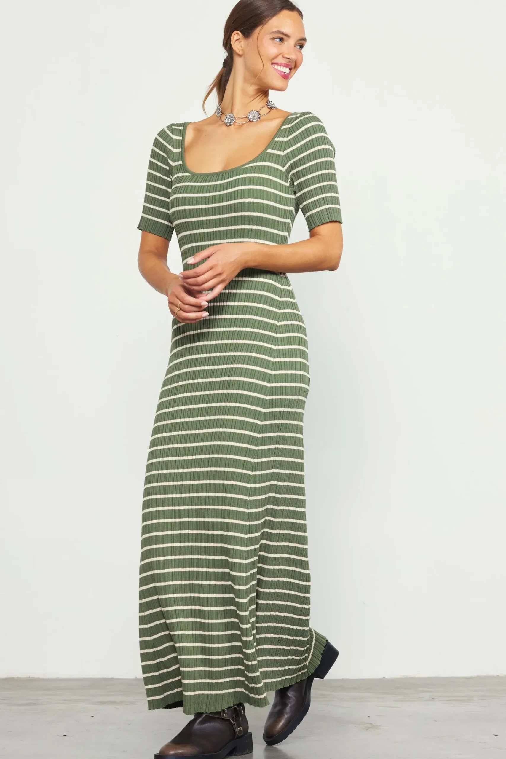 SKIES ARE BLUE Maxi Dresses*Short Sleeve Striped Knit Maxi Dress Olive-cream